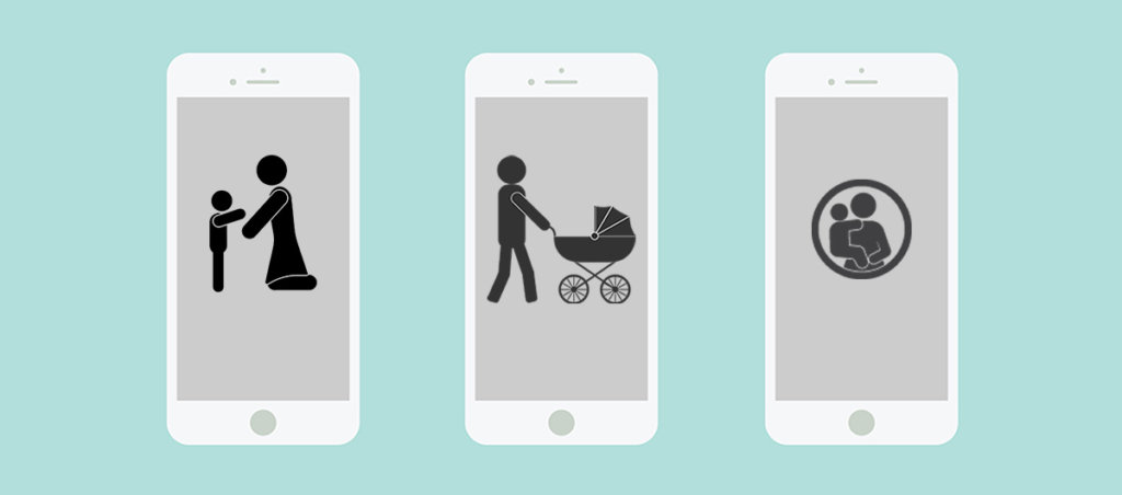 A collage of three images of phones. There are illustrations of a mother reaching out to her child in one, a parent walking a child in a stroller in another, and someone holding a child in the third.