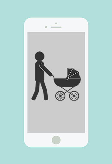 A collage of three images of phones. There are illustrations of a mother reaching out to her child in one, a parent walking a child in a stroller in another, and someone holding a child in the third.
