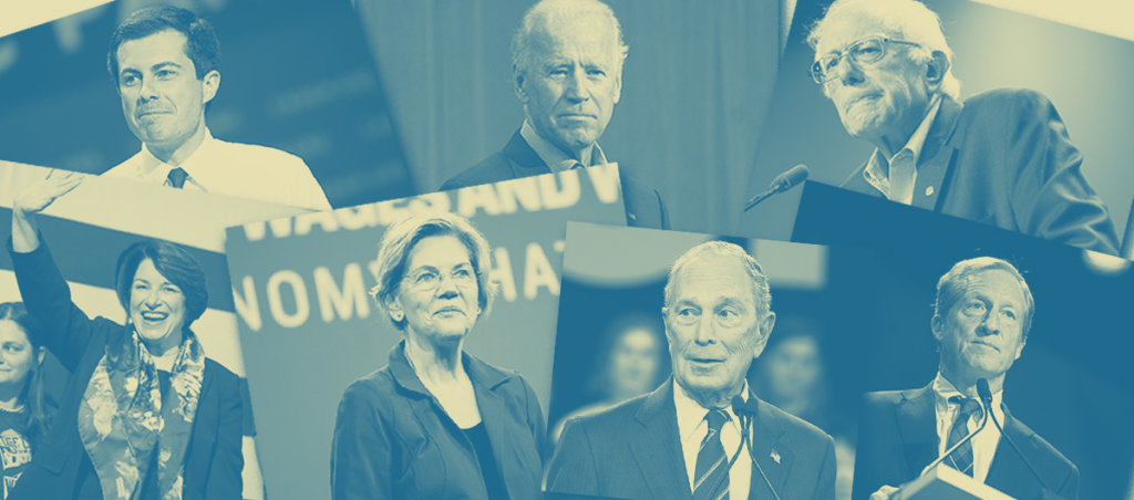 A collage of photos of Pete Buttigieg, Joe Biden, Bernie Sanders, Amy Klobuchar, Elizabeth Warren, Michael Bloomberg and Tom Steyer