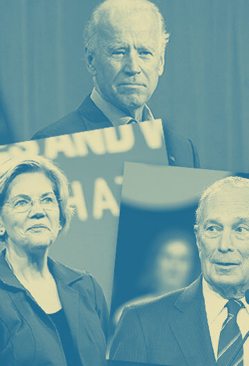 A collage of photos of Pete Buttigieg, Joe Biden, Bernie Sanders, Amy Klobuchar, Elizabeth Warren, Michael Bloomberg and Tom Steyer