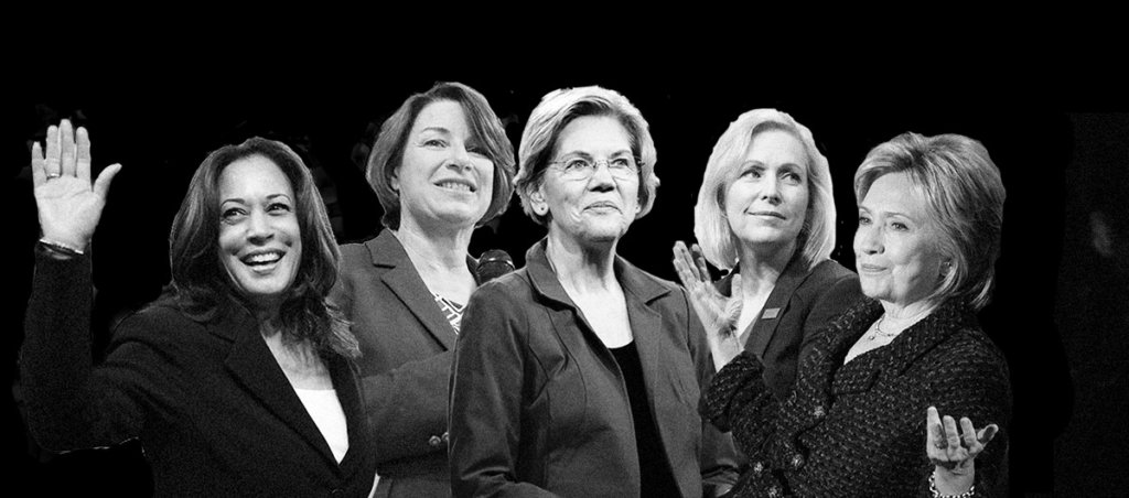 A collage of photos of Kamala Harris, Amy Klobuchar, Elizabeth Warren, Kirsten Gillibrand, and Hillary Clinton