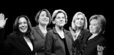 A collage of photos of Kamala Harris, Amy Klobuchar, Elizabeth Warren, Kirsten Gillibrand, and Hillary Clinton