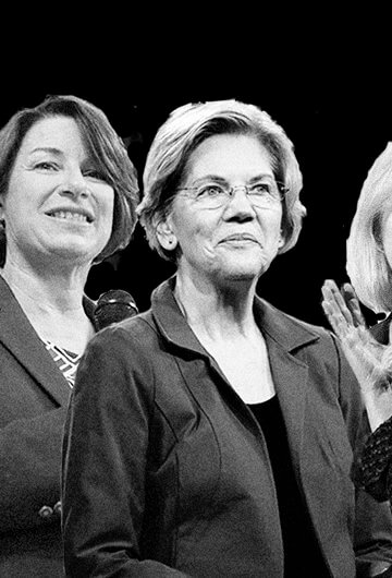 A collage of photos of Kamala Harris, Amy Klobuchar, Elizabeth Warren, Kirsten Gillibrand, and Hillary Clinton