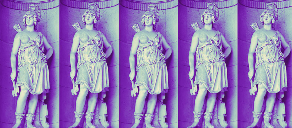 A statue of an Amazon woman warrior. The same statue appears on the image five time.