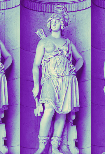 A statue of an Amazon woman warrior. The same statue appears on the image five time.