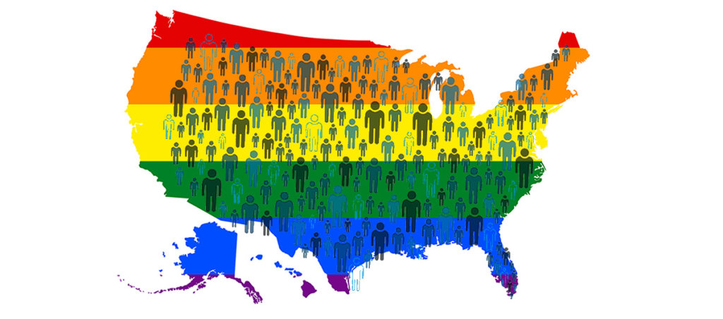 A map of the United States in colors of the rainbow with small icons of people in it.