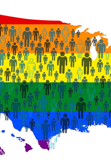 A map of the United States in colors of the rainbow with small icons of people in it.