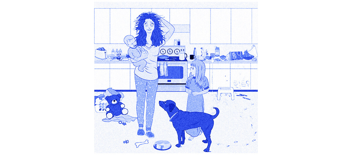An illustration of a woman carrying a baby with her daughter and dog near her. The room is very messy.