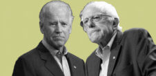A collage of photos of Joe Biden and Bernie Sanders