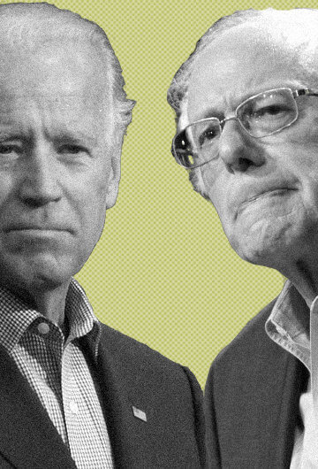 A collage of photos of Joe Biden and Bernie Sanders