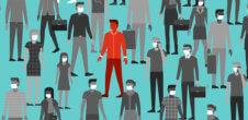 A collage of illustrations in black and white of people wearing masks. An illustration of someone in red who is not wearing a mask is in the middle.
