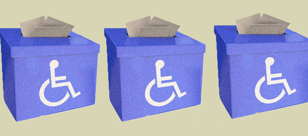 A collage of voting boxes with the disability wheel chair on it and votes stuffed inside the boxes.