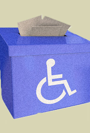 A collage of voting boxes with the disability wheel chair on it and votes stuffed inside the boxes.