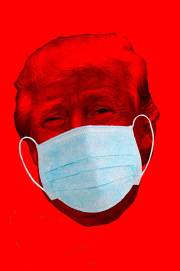 A collage of Donald Trump wearing a masks with disease symbols around them.