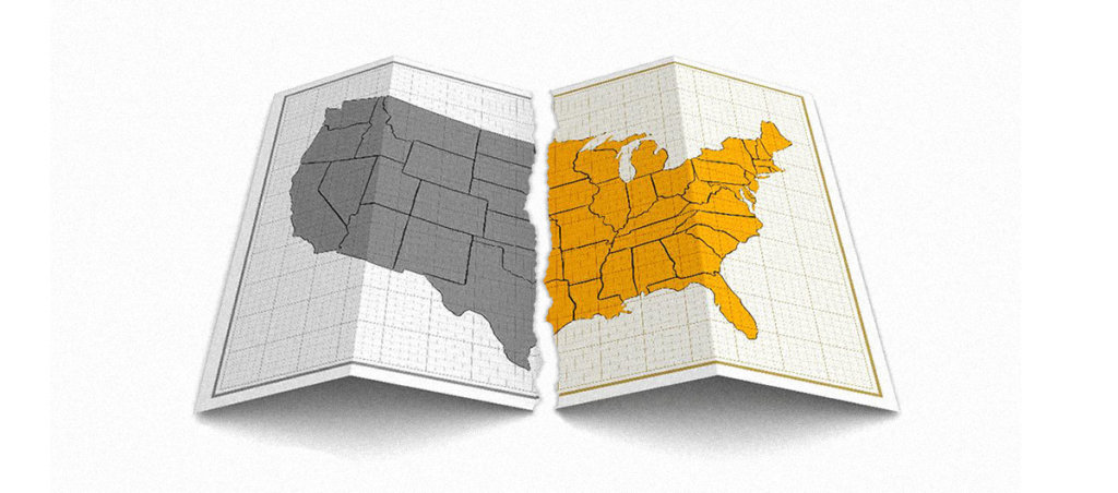 A map of the United States ripped in half. The left is grey and the right is yellow.