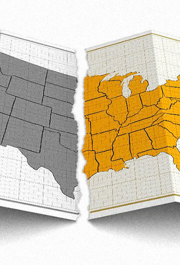 A map of the United States ripped in half. The left is grey and the right is yellow.