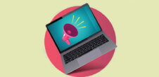 A collage of an illustration of a megaphone instead of a laptop