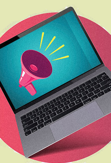 A collage of an illustration of a megaphone instead of a laptop