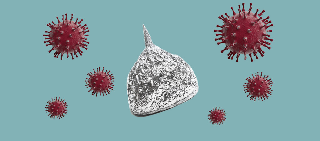 A tin foil hat surrounded by COVID-19 symbols.