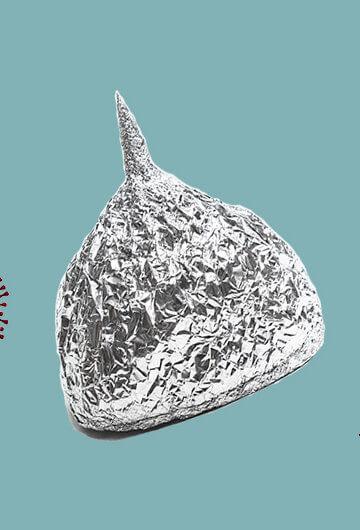 A tin foil hat surrounded by COVID-19 symbols.