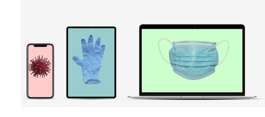 A collage of COVID-19 symbol inside of a phone, a glove inside of a kindle iPad device, and a mask inside of a laptop.