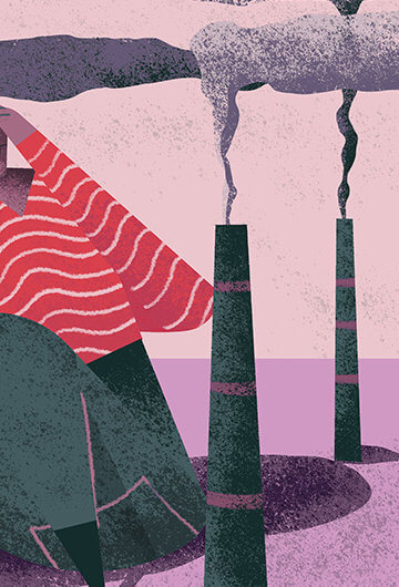 An illustration of a person with their hands on their head and fuel being released into the air.