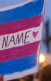 Photo from a protest that says "Say Her Name" with blue and pink on it, which are colors of the trans visibility flag.