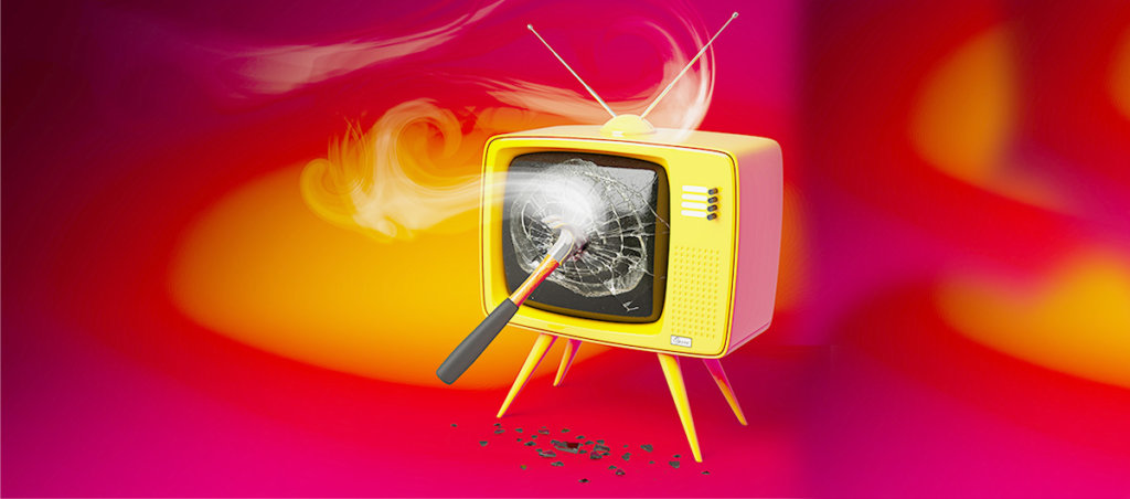 Image of a television smashed with a hammer breaking screen