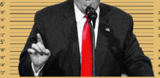 A photo of Trump from below his nose to mid-stomach with a height measurement background.