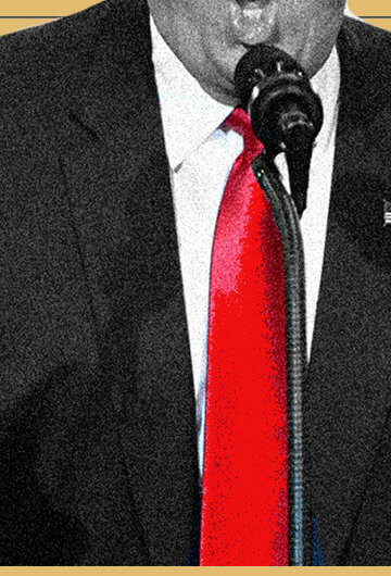 A photo of Trump from below his nose to mid-stomach with a height measurement background.