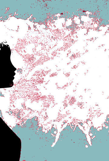 An illustration of two people in black and white and red spots around their heads.