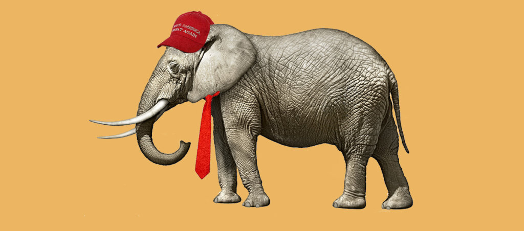 An image of an elephant wearing a "Make America Great Again" hat and a red tie.
