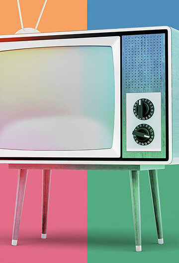 A collage of a television in front of different color blocks.