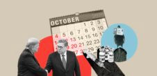 A collage of William Bar shaking Donald Trump's hand, an October 2020 calendar, vials of vaccines, and a pigeon on top of a mailbox.