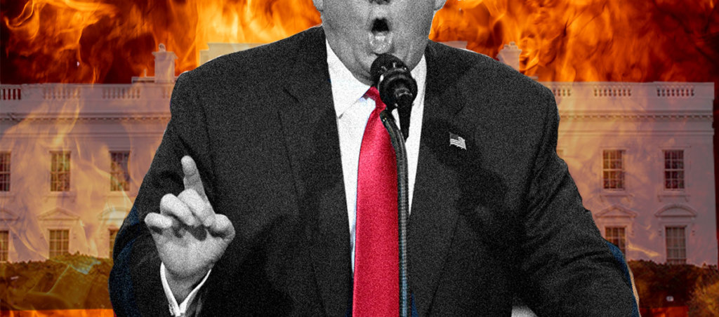 An image of Trump from the nose to his waist with the White House on fire in the background.