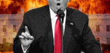 An image of Trump from the nose to his waist with the White House on fire in the background.