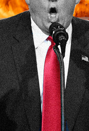 An image of Trump from the nose to his waist with the White House on fire in the background.