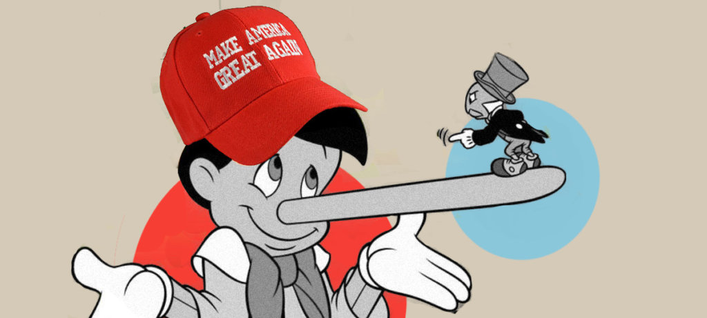 A collage of Pinochio with his nose getting bigger wearing a "Make America Great Again Hat" being yelled at by Jimmy Cricket