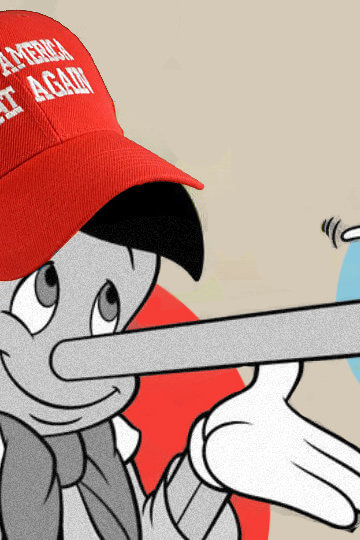 A collage of Pinochio with his nose getting bigger wearing a "Make America Great Again Hat" being yelled at by Jimmy Cricket
