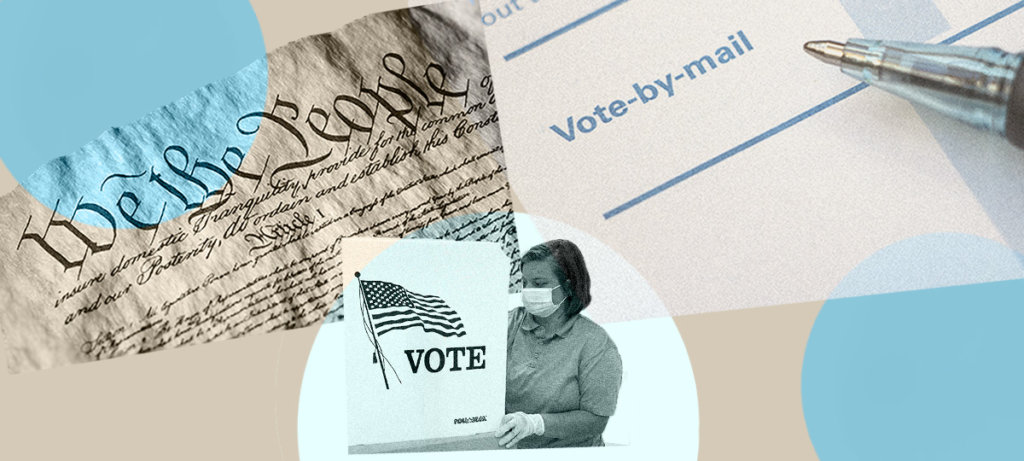 A collage of the constitution, a woman in a voting box voting, and paper that says "vote-by-mail" on it.