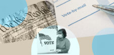 A collage of the constitution, a woman in a voting box voting, and paper that says "vote-by-mail" on it.