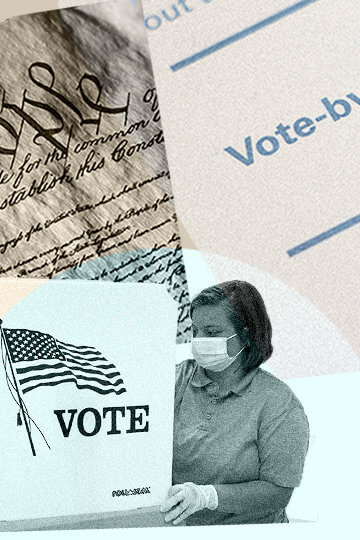 A collage of the constitution, a woman in a voting box voting, and paper that says "vote-by-mail" on it.