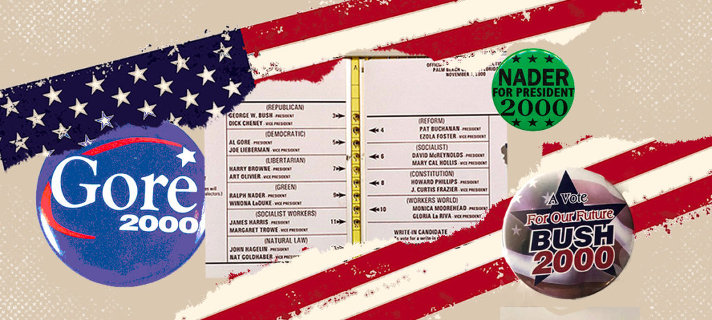 A collage of a ripped American flag, a 2000 presidential ballot, and pins for Gore 2000, Bush 2000, and Nader 2000.