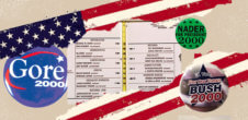 A collage of a ripped American flag, a 2000 presidential ballot, and pins for Gore 2000, Bush 2000, and Nader 2000.
