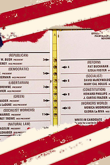 A collage of a ripped American flag, a 2000 presidential ballot, and pins for Gore 2000, Bush 2000, and Nader 2000.