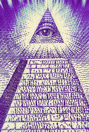 A collage of a distorted Illuminati symbol.