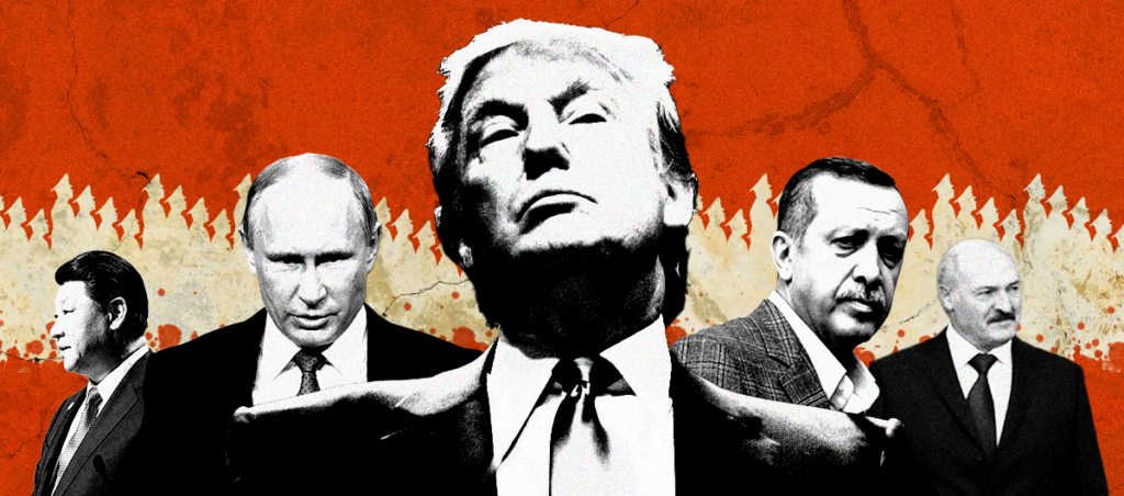 Collage of authoritarian leaders including Donald Trump and Vladimir Putin
