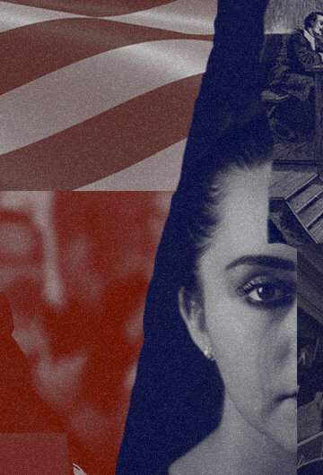 A collage of images of Trump, an American flag, a woman crying, a protest of someone carrying a sign that says "Gender Justice, Racial Justice, Economic Justice," and a drawing from the Salem Witch Trials.