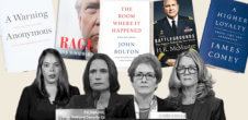A collage of photos of Dr. Christine Blasey Ford, Marie Yovanovitch, Fiona Hill, and Olivia Troye, and covers of the books "A Warning," "Rage" by Bob Woodward, "The Room Where It Happened" by John Bolton, "Battlegrounds" by H.R. McMaster, and "A Higher Loyalty" by James Comey.
