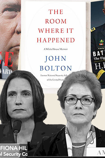 A collage of photos of Dr. Christine Blasey Ford, Marie Yovanovitch, Fiona Hill, and Olivia Troye, and covers of the books "A Warning," "Rage" by Bob Woodward, "The Room Where It Happened" by John Bolton, "Battlegrounds" by H.R. McMaster, and "A Higher Loyalty" by James Comey.